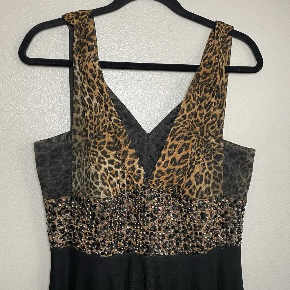 ALBERTO MAKALI 90s Y2K Brown Leopard Print Goddess Gown Sz 12 Dress Beaded